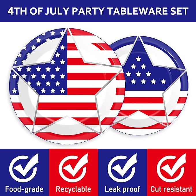 96 Pcs 4th of July Party Plates Napkins Tableware Set Memorial Day Supplies Disposable Dinnerware Patriotic Freedom Stars Party Decoration Favors for Independence Day 250th Anniversary, 24 Guest