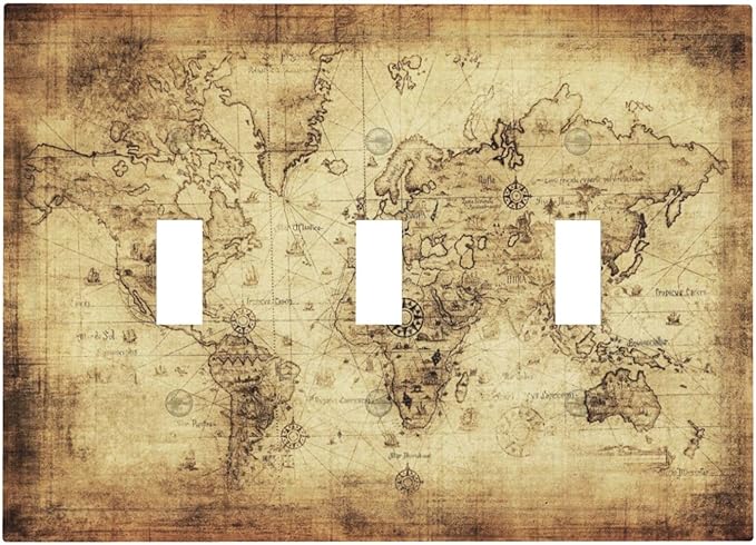 Old World Ocean Map 3 Gang Light Switch Plate Decorative Triple Toggle Wall Plate Cover Electrical Faceplate for Bathroom Home Living Room Decorate