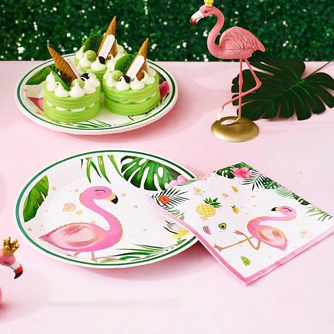 WERNNSAI Flamingo Party Decorations - 48PCS Hawaiian Plates and Napkins Summer Flamingo Themed Tableware Set Tropical Dinner Plates and Napkins for Girls Kids Birthday Baby Shower Serves 16 Guests