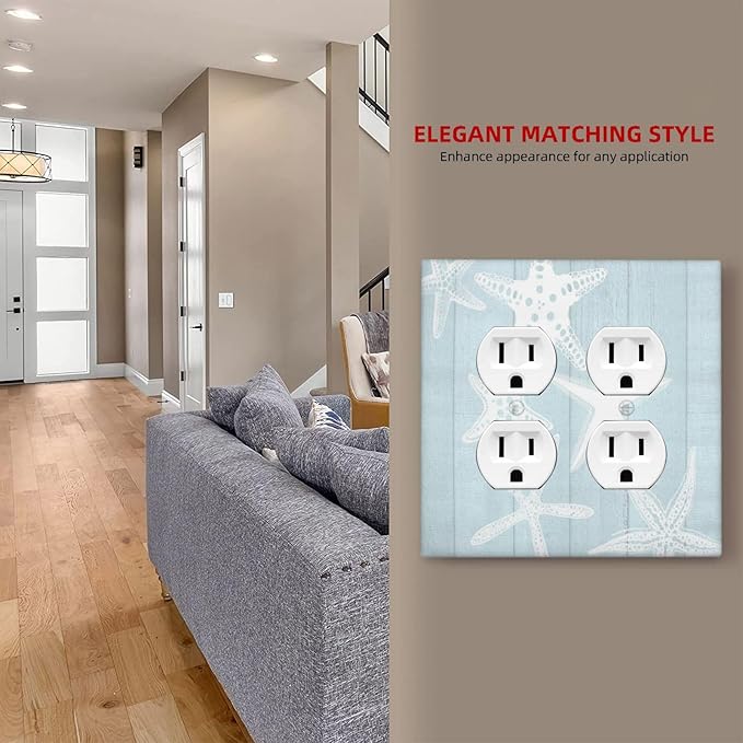 Beach Starfish Vintage Wood Rustic Country Ocean Outlet Covers 2 Gang Double Duplex Decorative Light Switch Covers Electrical Wallplates Socket Faceplate for Farmhouse Kids Room Decor