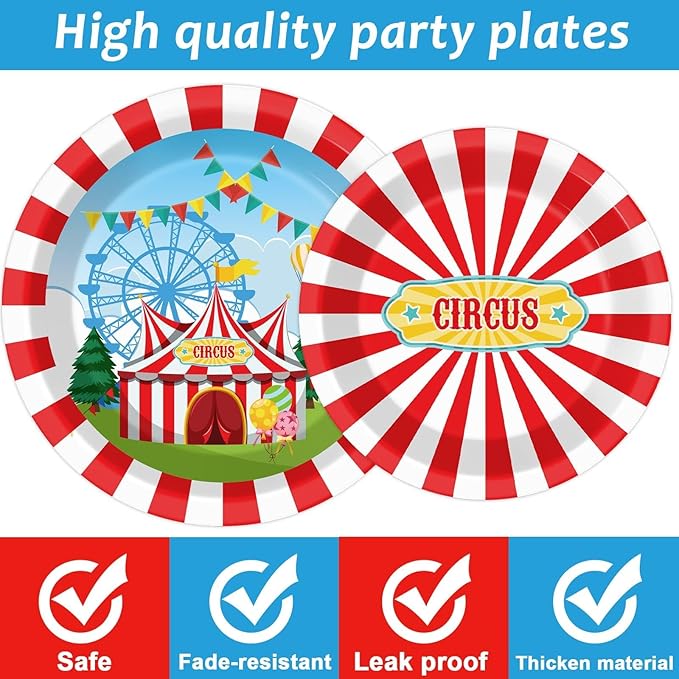 200pcs Circus Party Plates Napkins Forks Carnival Themed Party Tableware Set Red White Party Disposable Paper Dessert Cake Dinnerware Boy Girl Happy Birthday Party Baby Shower Decor Supplies Serves 50