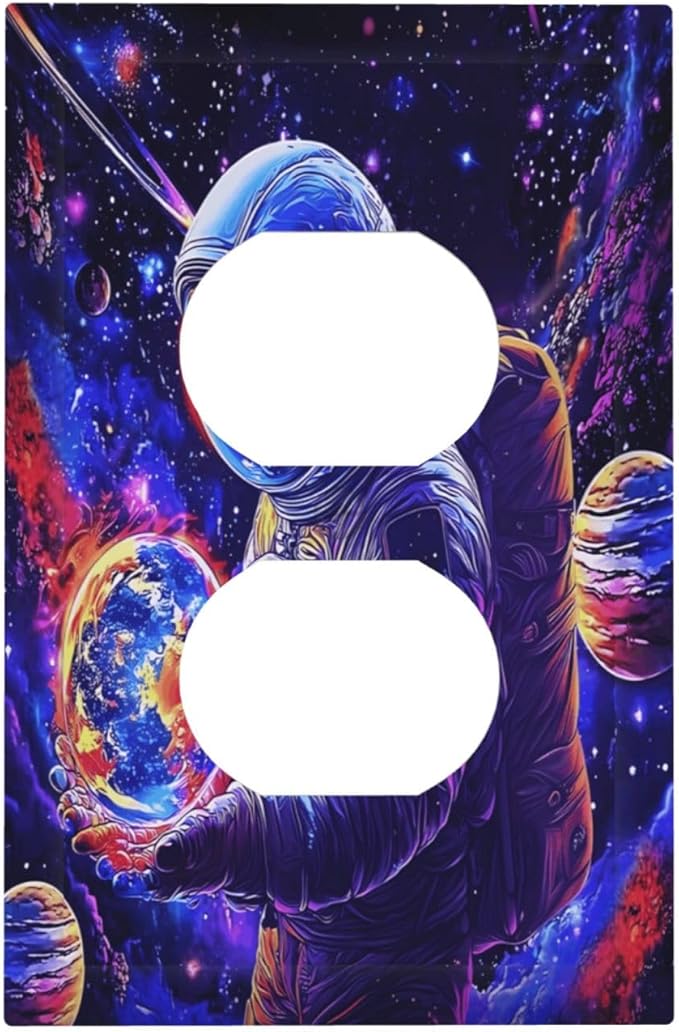 Astronaut Space Cool Galaxy Planet Outlet Covers 1 Gang Duplex Light Switch Cover Decorative Switch Plates Electrical Receptacle Faceplate Wall Plate for Kids Room Nursery Decor
