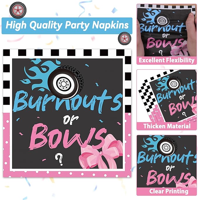 24 Guests Burnouts or Bows Gender Reveal Paper Plates Napkins Gender Reveal Party Decorations Baby Shower Party Supplies Disposable Dinner Tableware Set for Birthday Boys or Girls Serve 24