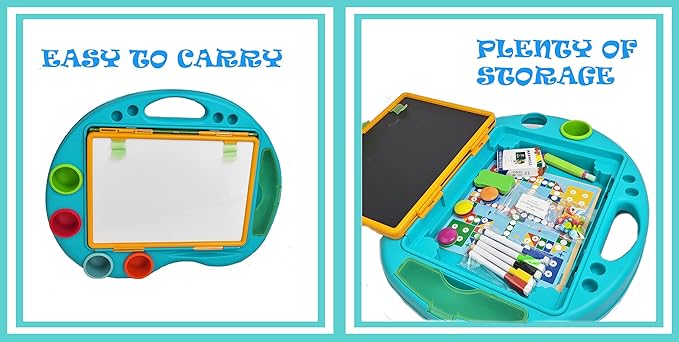 Kids Drawing Board Art Easel Toy Double Sided Chalkboard & Whiteboard Tabletop with Ludo Snakes Ladders Board Games, Dry Erase Markers, Chalk - Birthday Gift Toddler Boys Girls