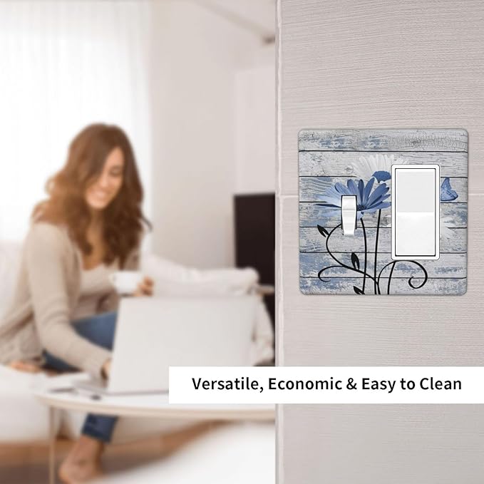 Blue White Daisy Flower Butterfly Rustic Wood Board Outlet Covers 1 Toggle 1 Rocker Combination Decorative Wall Plate Electrical Switch Plates Light Switch Cover Plate for Farmhouse Bedroom Decor