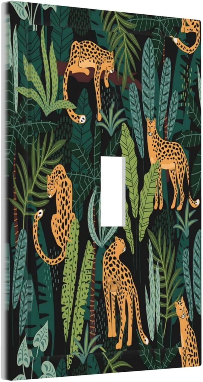 Jungle Cheetah Tropical Wildlife Leopard Green Palm Leaf Decorative Light Switch Cover 1 Gang Single Toggle Device Electrical Faceplate Switchplates Decorator Outlet Wall Plate for Farmhouse Home