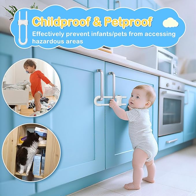 Modacraft 10 Pcs Sliding Cabinet Latches, U Shaped Cabinet Door Locks, Baby Cabinet Safety Latches for Baby Proofing, No Drilling Tool-Free Installation Easy to Use for Knobs or Handle Double Door