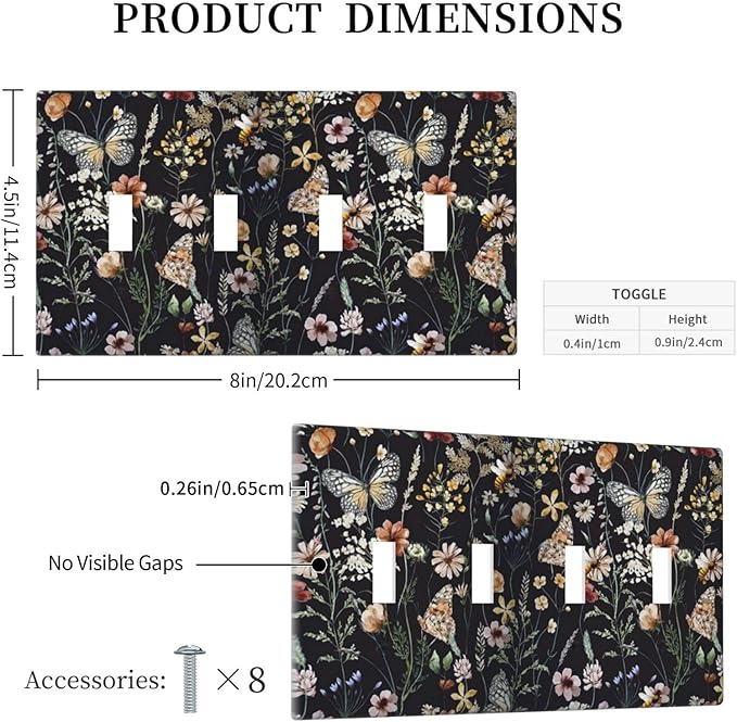 Vintage Flower Leaves Quad Toggle Wall Plates Decorative Butterfly 4 Gang Light Switch Cover Dark Backgrounds Electrical Switchplate Faceplate Butterfly Dimmer Decor for Bedroom Kitchen Bathroom