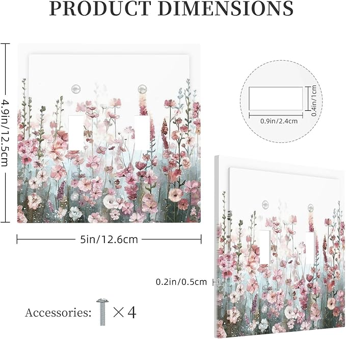 Colorful Flowers Pink Floral Watercolor Plant Decorative Switch Plates 2 Gang Double Toggle Outlet Light Switch Cover Wall Plate Electrical Faceplate for Bed Room Living Room Decor