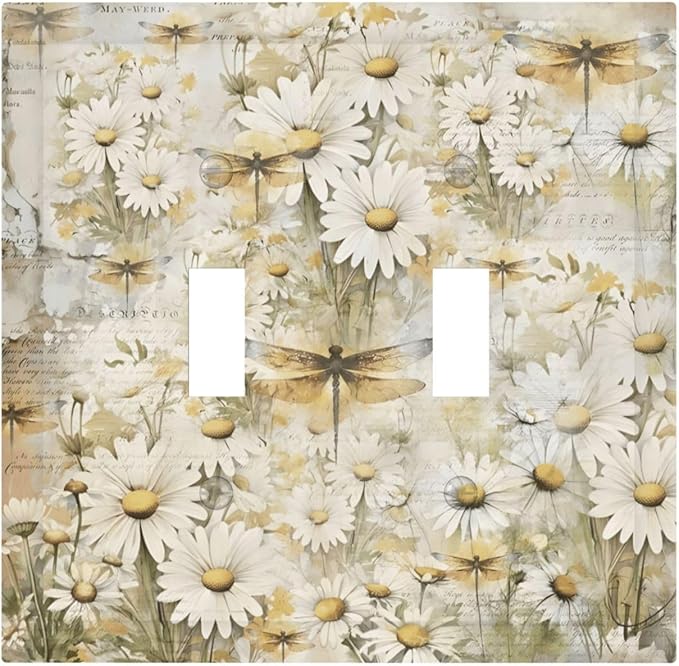 Vintage Letter Paper Wildflowers Dragonfly Daisy Floral Decorative Switch Plates 2 Gang Double Toggle Outlet Light Switch Cover Wall Plate Electrical Faceplate for Farmhouse Bedroom Decor