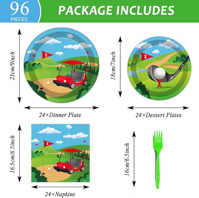 96 Pcs Golf Party Plates Napkins Tableware Set Golf Birthday Party Supplies Disposable Paper Dinnerware Sports Ball Theme Table Decoration Favors for Baby Shower Kids Birthday, 24 Guests
