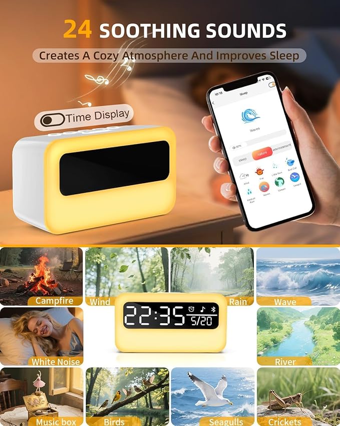 4-IN-1 White Noise Sound Machine with 24 Soothing Sounds, 4000mAh Rechargeable Camping light Bluetooth Speaker, Adjustable Night Light for Kids Adult with Time Display for Camping, Home, Party
