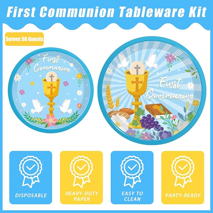 200Pcs Blue Baptism Plates and Napkins, First Holy Communion Party Decorations Supplies for Boys God Bless Christening Celebration Party Baby Shower Disposable Tableware Set, Serves 50