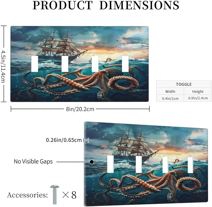 Light Switch Cover Plate Sailboat Ship Octopus Ocean Sea Waves 4 Gang Quad Toggle Decorative Switch Plates Electrical Wall Plates Faceplate for Bathroom Bedroom Decor