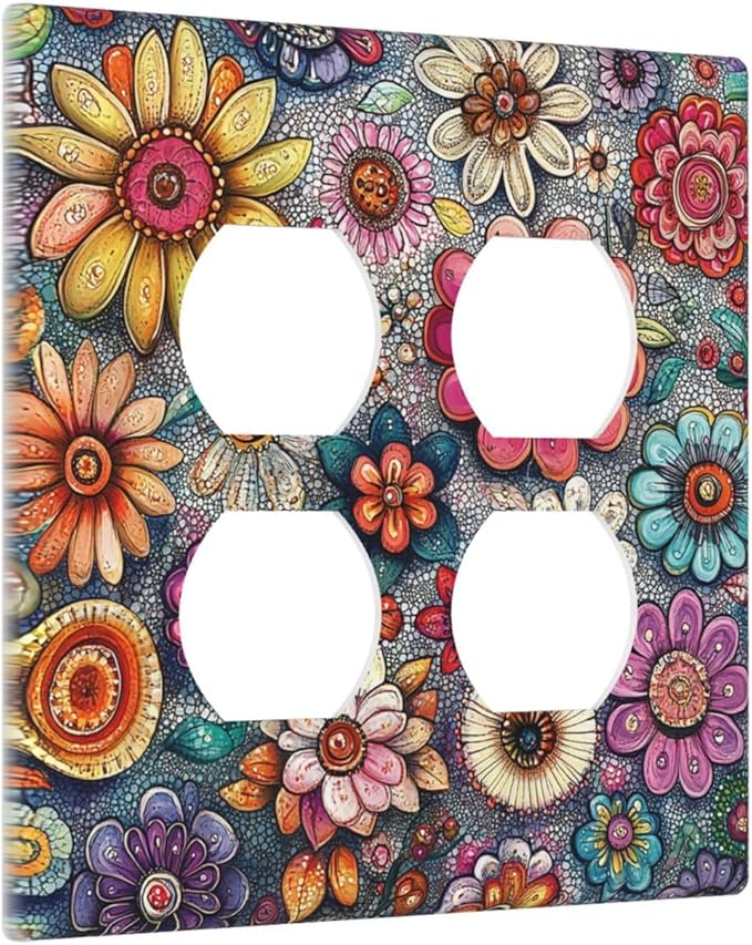 Outlet Covers Colorful Rainbow Pointillisme Flower 2 Gang Double Duplex Decorative Light Switch Covers Electrical Wallplates Socket Faceplate For Bed Room Home Decor