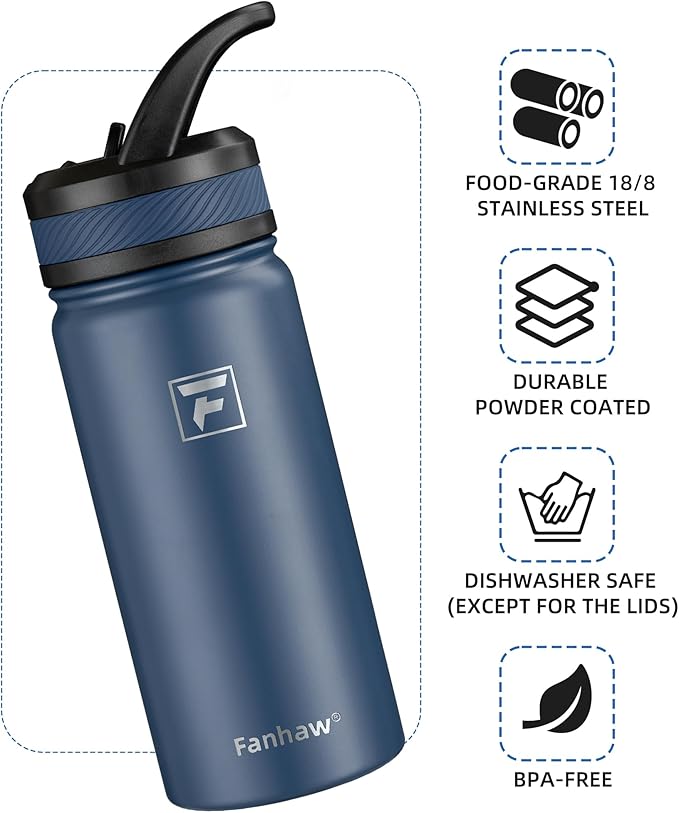 Fanhaw 18 Oz Kids Insulated Water Bottle with Straw Lid – Stainless Steel Double Wall Vacuum, Leak-Proof, BPA-Free Water Bottles for School Boys & Girls(Navy Blue)