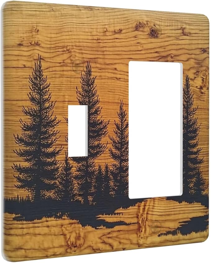 Outlet Covers Forest Pine Silhouette Rustic Wood Grain 1 Toggle 1 Rocker Combination Decorative Wall Plate Electrical Switch Plates Light Switch Cover Plate For Farmhouse Cabin Decor