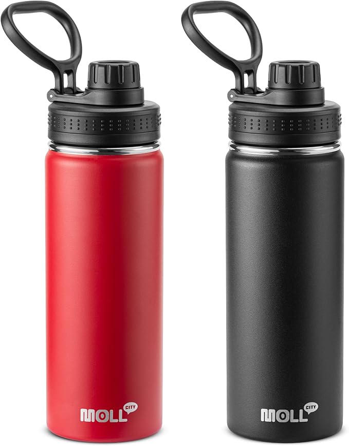 Water Bottle 2 Pack 18 oz Stainless Steel Vacuum Insulated Water Bottle Wide Mouth Sports Flask with Leakproof Spout Lid (Canyon Red-Black)