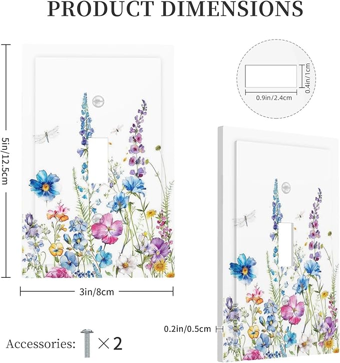 Decorative Light Switch Cover Boho Colorful Flowers Plants And Dragonflies 1 Gang Single Toggle Decorator Outlet Wall Plate Device Electrical Faceplate Switchplates for Bedroom living Room
