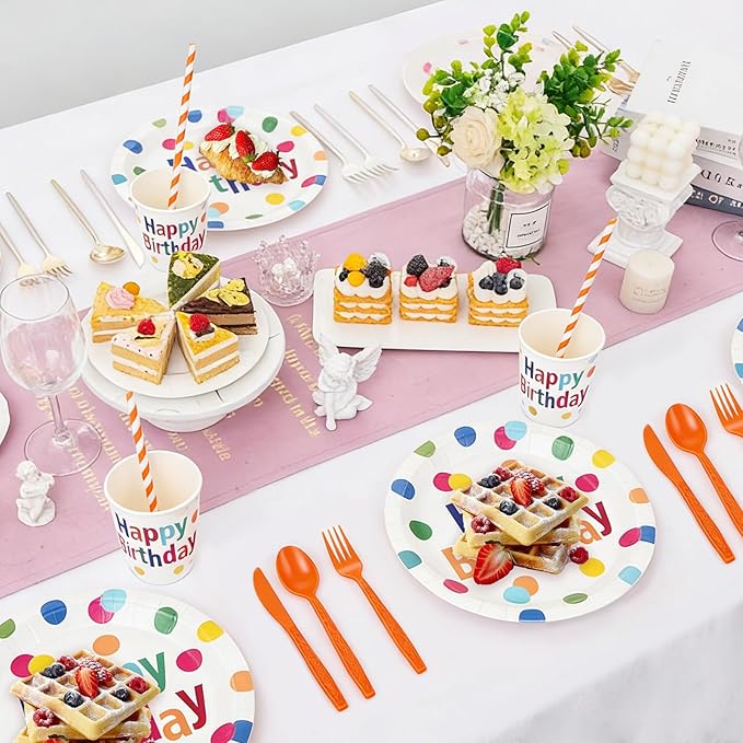 Happy Birthday Plates and Napkins Party Supplies Set,90Pcs Birthday Plates and Napkins Tableware Sets with Forks Cups,Disposable Colorful Birthday Party Decorations