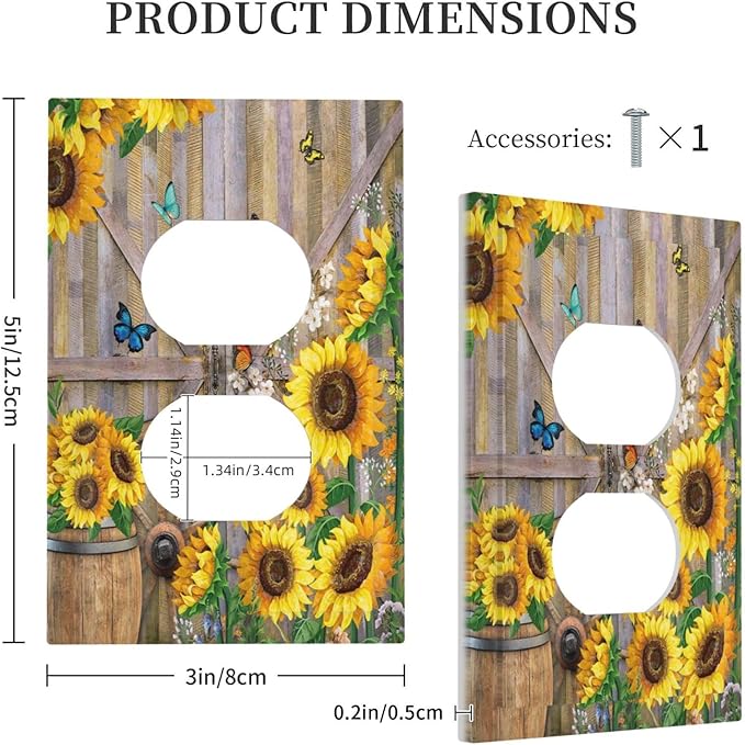 Rustic Sunflower Barn Door Wood Plank 1 Gang Outlet Plate Decorative Single Duplex Wall Plate Covers Electrical Receptacle Light Switch Cover Art Faceplate Switchplate for Farmhouse Bathroom Decor