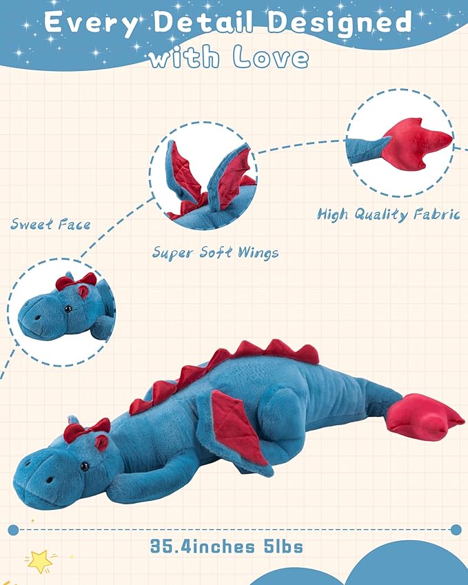 35.4" Weighted Dragon Plush Toy, 10lb Weighted Stuffed Animals, Silent Glass Beads Large Dragon Pillow for Sensory Relaxation for Kids and Adults, for Bedtime & Lounging