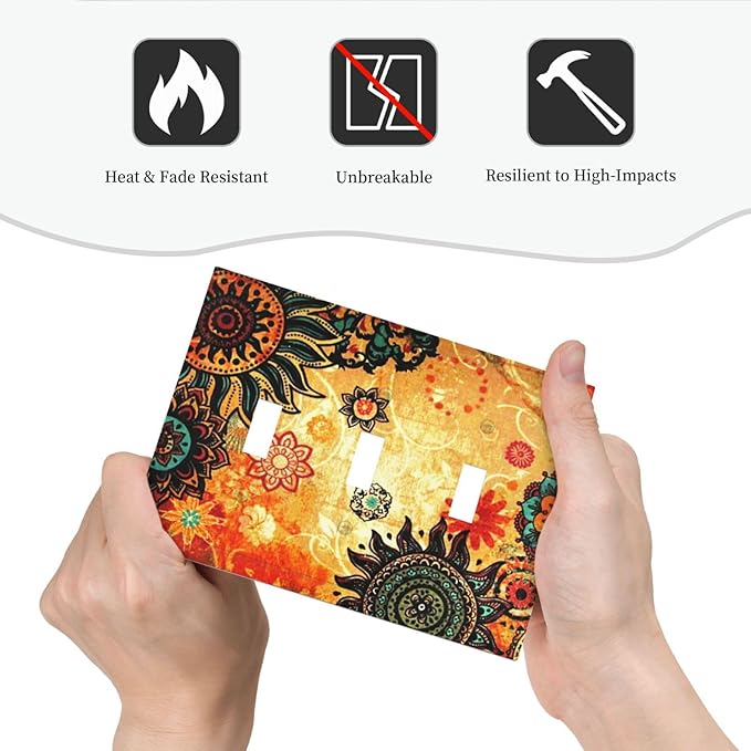 Retro Red Mandala Boho Floral Triple Toggle Device Switch Wall Plate 3-Gang Light Switch Cover Burnt Orange Sunflower Vintage Bohemian Flower Decorative Decorator Wallplate Switchplate Room Decorate
