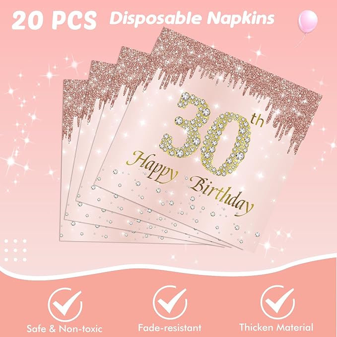 41Pcs 30th Birthday Decorations for Women, Rose Gold Thirty Year Old Birthday Party Supplies Include 20 Plates 20 Napkins and 1 Tablecloth, Pink 30 Aged Birthday Party Tableware