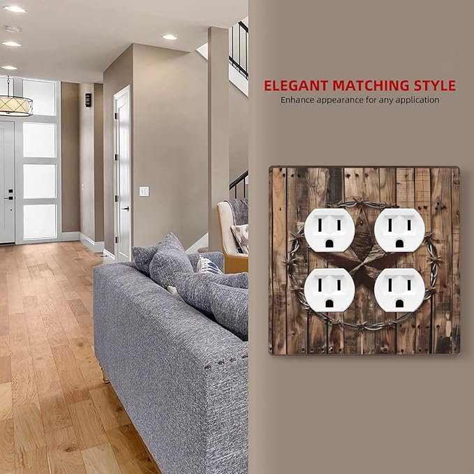 Outlet Covers Rustic Star Western Cowboy Wood 2 Gang Decorative Light Switch Cover Double Duplex Wall Plates Switch Plates Electrical Socket Covers for Farmhouse Home Decor