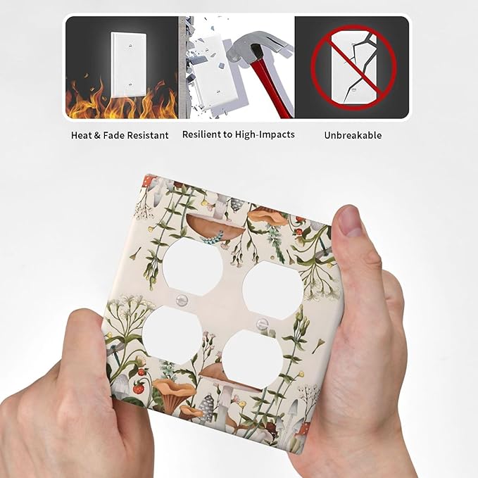 Boho Mushroom Forest Plants Wildflowers Insects Outlet Covers 2 Gang Double Duplex Decorative Light Switch Covers Electrical Wallplates Socket Faceplate for Kids Room Home Decor