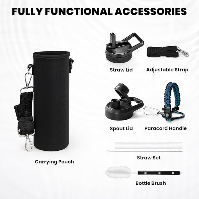 RAYMYLO Insulated Water Bottle 24oz, Triple Wall Vacuum Stainless Steel (Cold for 24Hrs, Hot for 12Hrs), Leak Proof & Non-BPA, 24oz Hydro Water Flask with Paracord Handle & Straw Spout Lids