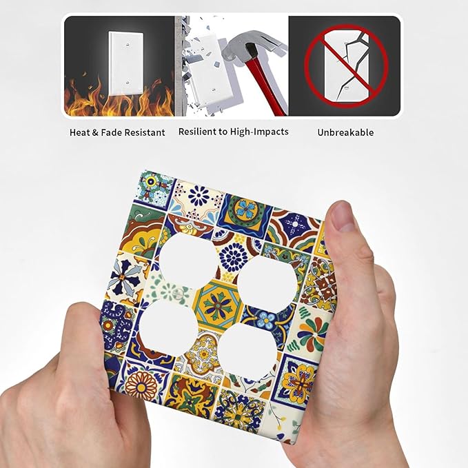 Yellow Mexican Moroccan Sun Tile 2 Gang Double Duplex Combo Outlet Light Switch Cover Two Gang Dual Device Receptacle Outlet Covers Wall Plate Standard Size