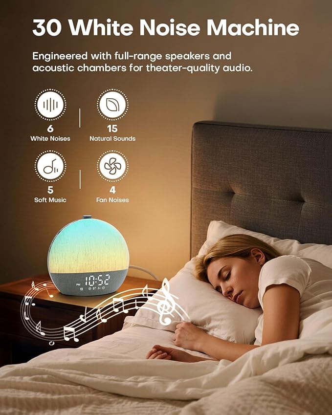 Sunrise Alarm Clock, White Noise Sound Machine, Sunlight Alarm Clocks for Bedrooms, 9 Natural Wake Up RGB Night Light, 30 Soothing Sounds for Heavy Sleepers, Baby, Kids, Adults Gifts