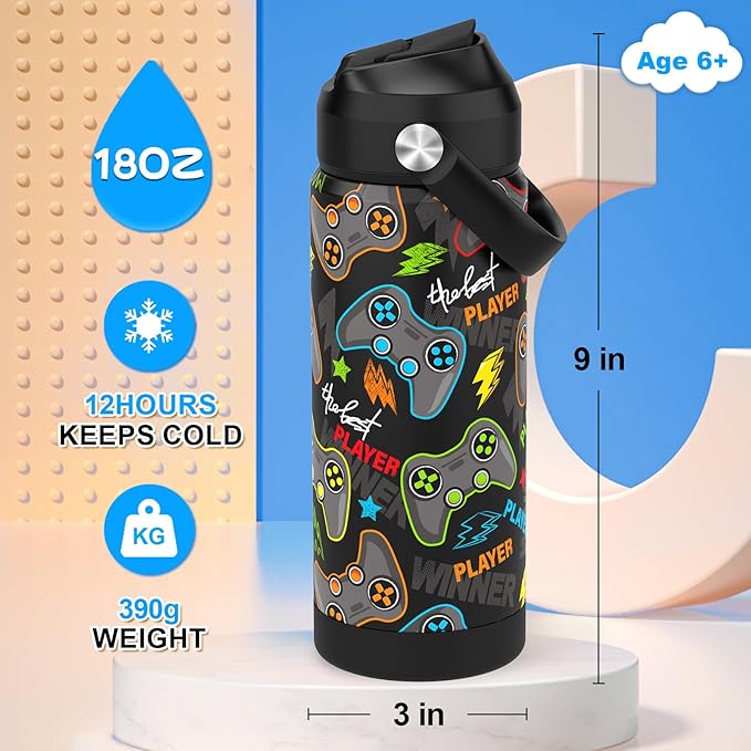 Boys Water Bottle with Straw,18 oz Kids Insulated Cups with Stainless Steel Leak Proof for School,Sport&Travel（Game）