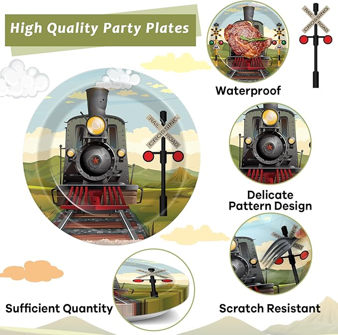 96 Pcs Train Paper Plates and Napkins Party Supplies Steam Train Birthday Disposable Tableware Set Retro Trains Transportation Party Decorations Favors for Baby Shower Dinnerware Favor Serves 24
