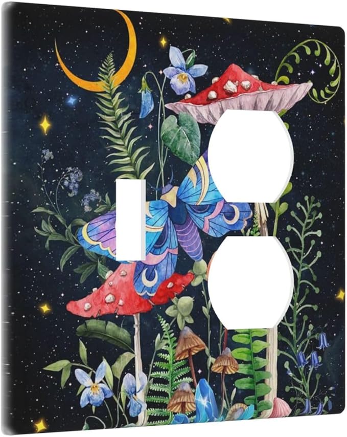 Decorative Fariy Tale Mushroom 2-Gang 1-Toggle 1-Duplex Combination Receptacle Wall Plate Boho Gothic Moth Hippie Moon Stars Butterfly Combo Device Toggle/Outlet Light Switch Faceplate Cover