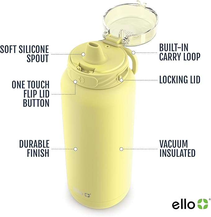 Ello Cooper 32z Stainless Steel Water Bottle with Straw and Carry Handle, Double Walled and Vacuum Insulated Metal, Leak Proof Locking Lid with Soft Silicone Spout, Reusable, BPA Free, Lemonade