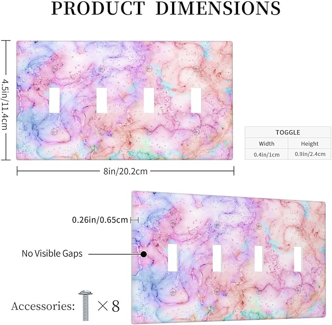 Decorative Switch Plate Covers Cute Marble Texture 4 Gang Device Light Switch Cover Pink Purple Gold Abstract Quad Toggle Wall Plate Electrical Faceplate for Kids Girls Nursery Bedroom Home Decor
