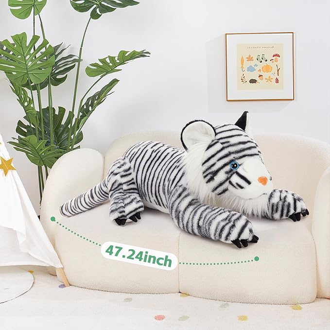 MaoGoLan Giant White Tiger Stuffed Animal - 47” Realistic Tiger Plush Toy for Boy Girl Kid, Soft Fluffy Zoo Animal Toy Pillow for Valentines Birthday Gift, Baby Shower Party Favor Decor