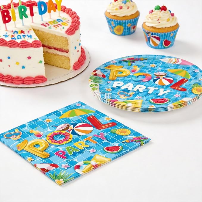 40 Pieces Pool Birthday Party Supplies, 20 – Disposable Pool Paper Plates and Napkins for Summer BBQ, Pool Party, Hawaii Holiday Decorations