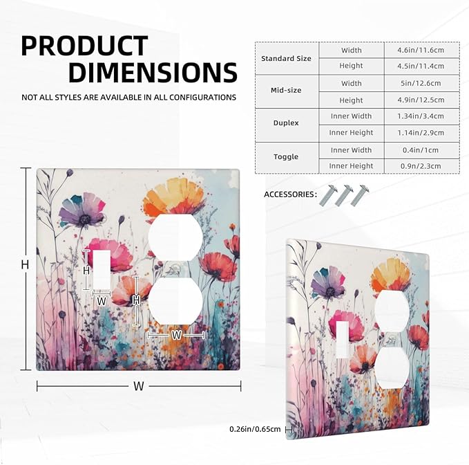 Decorative Outlet Covers Colorful Watercolor Wildflowers Elegant Painting Floral 2 Gang Wall Plate Single Toggle Duplex Light Switch Cover Switch Plate Covers Faceplate for Bedroom Decor