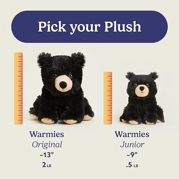 warmies Junior Microwavable & Weighted Stuffed Animals, Black Bear - Heated Stuffed Animal Plushie for Warmth & Comfort - Cute Soft Plush Toys for Adults & Children (Boys, Girls, Babies & Toddlers)