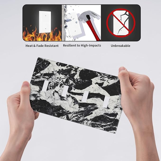 Black White Marble Abstract Luxury Light Switch Covers Quad Toggle Electrical Faceplate 4 Gang Wall Plate Decorative Switch Plates for Bathroom Kitchen Decor