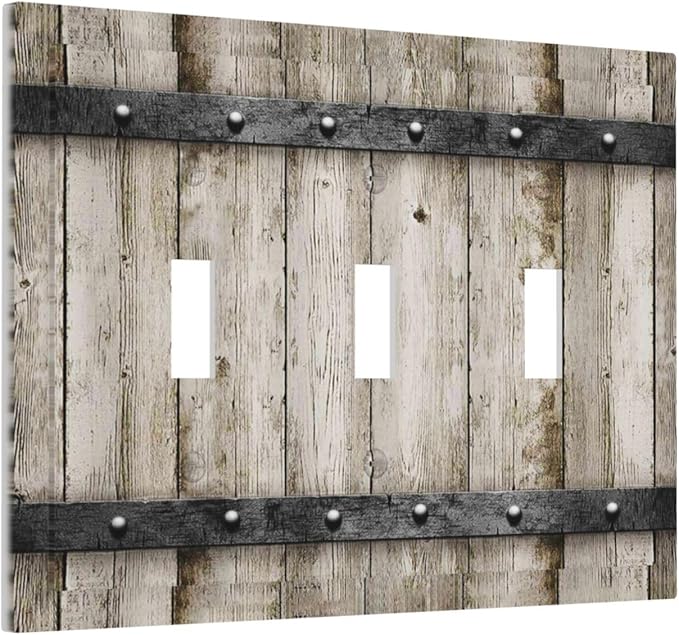 Rustic Vintage Brown Grey Wood Plank Print 3 Gang Light Switch Plate Decorative Western Kitchen Barn Cabin Wooden Board Grain Triple Toggle Electrical Outlet Switch Plug Face Plate Cover Mid Size