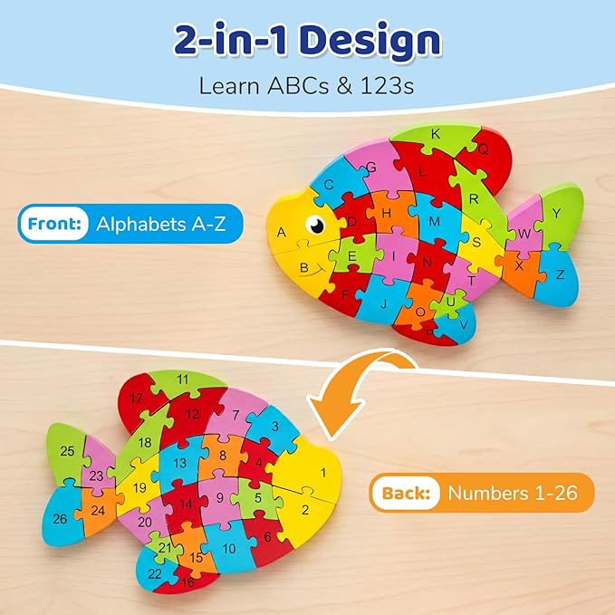 LovesTown Wooden Puzzles for Kids, Double Sided Goldfish Jigsaw with Alphabet & Numbers, Montessori Educational Toy for Toddlers, Chunky Animal Gift
