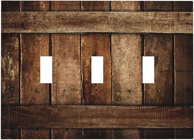 Brown Wooden Barn Door Old Wood Print Decorative Switch Plates 3 Gang Wall Plate Triple Toggle Light Switch Cover Faceplate Electrical Wall Panels for Farmhouse Home Decor