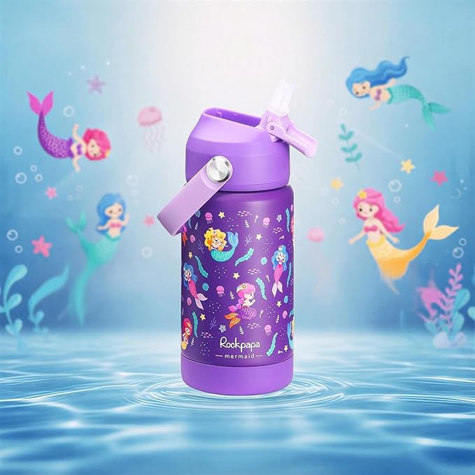 rockpapa 14 oz Kids Insulated Water Bottle，Stainless Steel Toddler Cups with Straws, BPA Free, Leak-Proof, Kids Water Bottle for School Boys& Girls (Purple Mermaid)