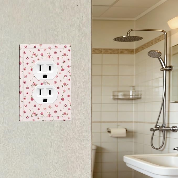 Pink Ditsy Floral Duplex Wall Plate - 1-Gang Standard US Size French Country Petite Floral Outlet Covers, Vintage Shabby Chic for Girls Room