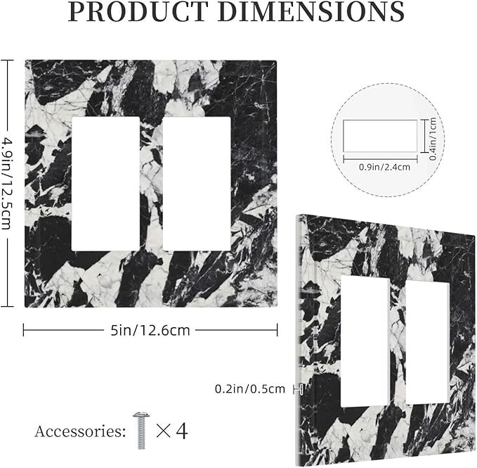 Black White Marble Abstract Luxury Decorative Outlet Covers 2 Gang Double GFCI Rocker Electrical Wall Panels Light Switch Cover Plate for Bathroom Kitchen Decor