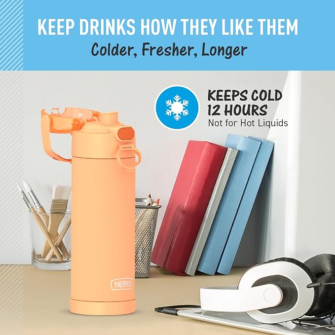 THERMOS FUNTAINER 16 Ounce Stainless Steel Vacuum Insulated Bottle with Wide Spout Lid,Orange,(Pack of 6)
